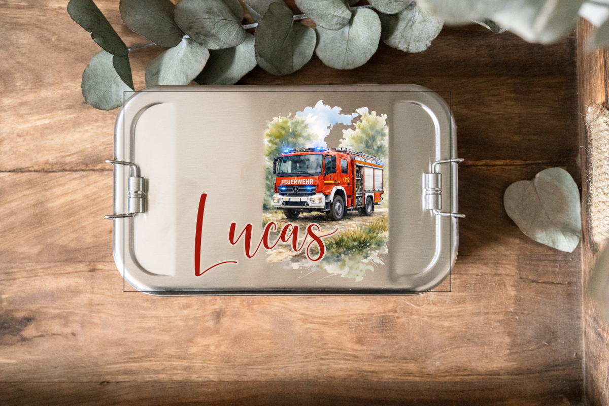 Personalisierte Edelstahl-Brotdose mit Feuerwehr-Motiv und dem Namen „Lucas“, Click-Verschluss, 1100 ml